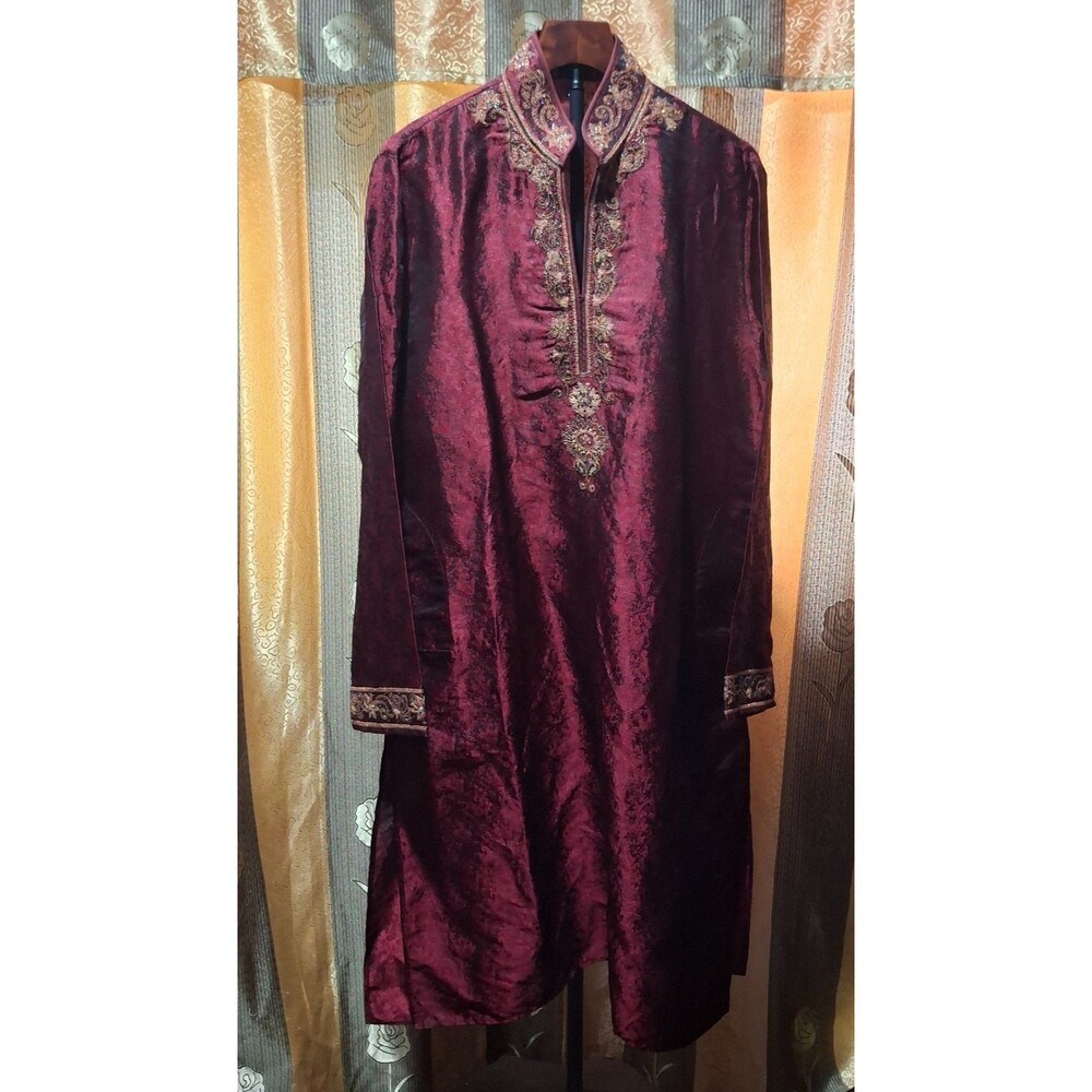 Denis Parkar Luxury Maroon Brocade Sherwani Kurta Men's Size 40 Wedding Festiva